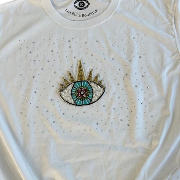 Lux Sequins Crystal Evil Eye Oversized T-Shirt Tie Front Women's VS - Picture 3 of 3